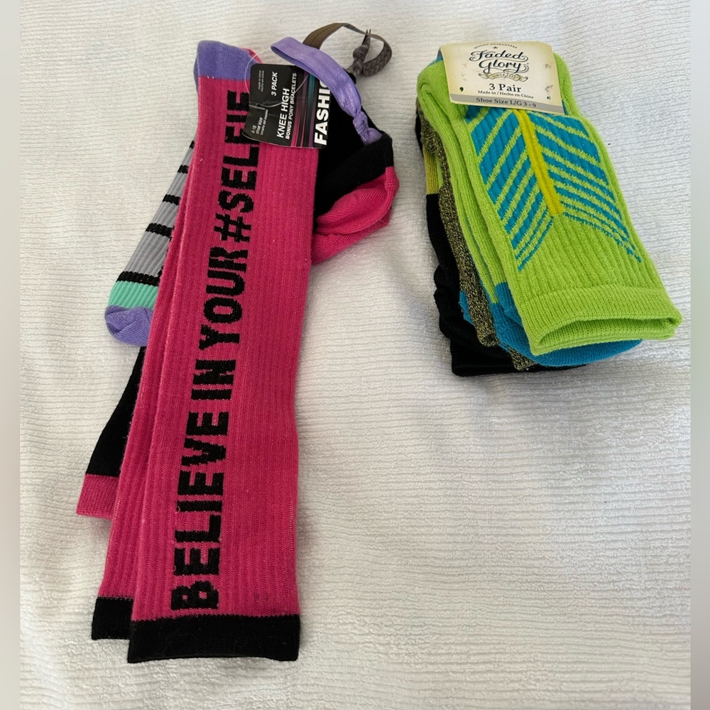 2 sets of New Knee high Fashion socks and Faded Glory Socks
